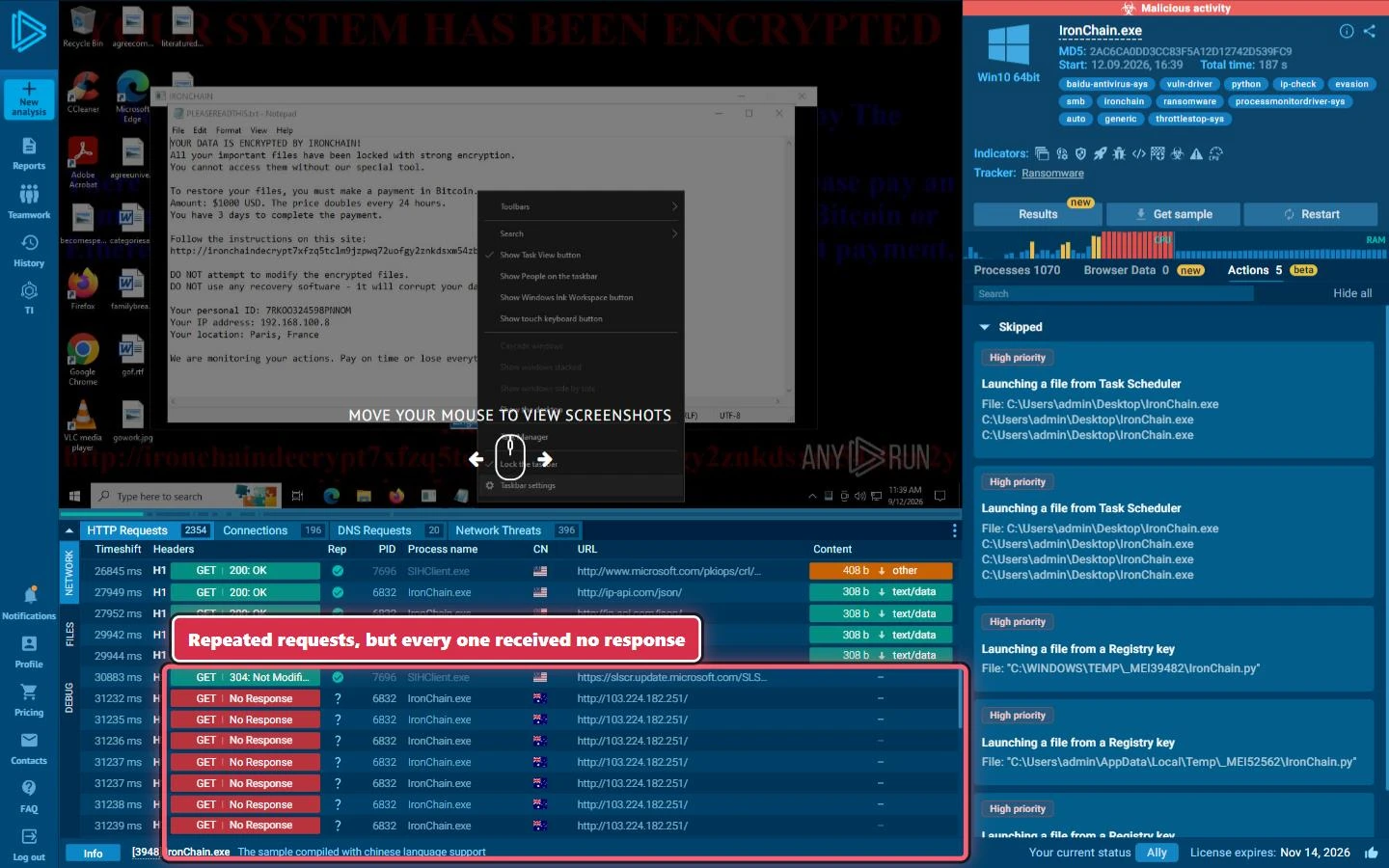 The sandbox observed no response from the direct-IP connections