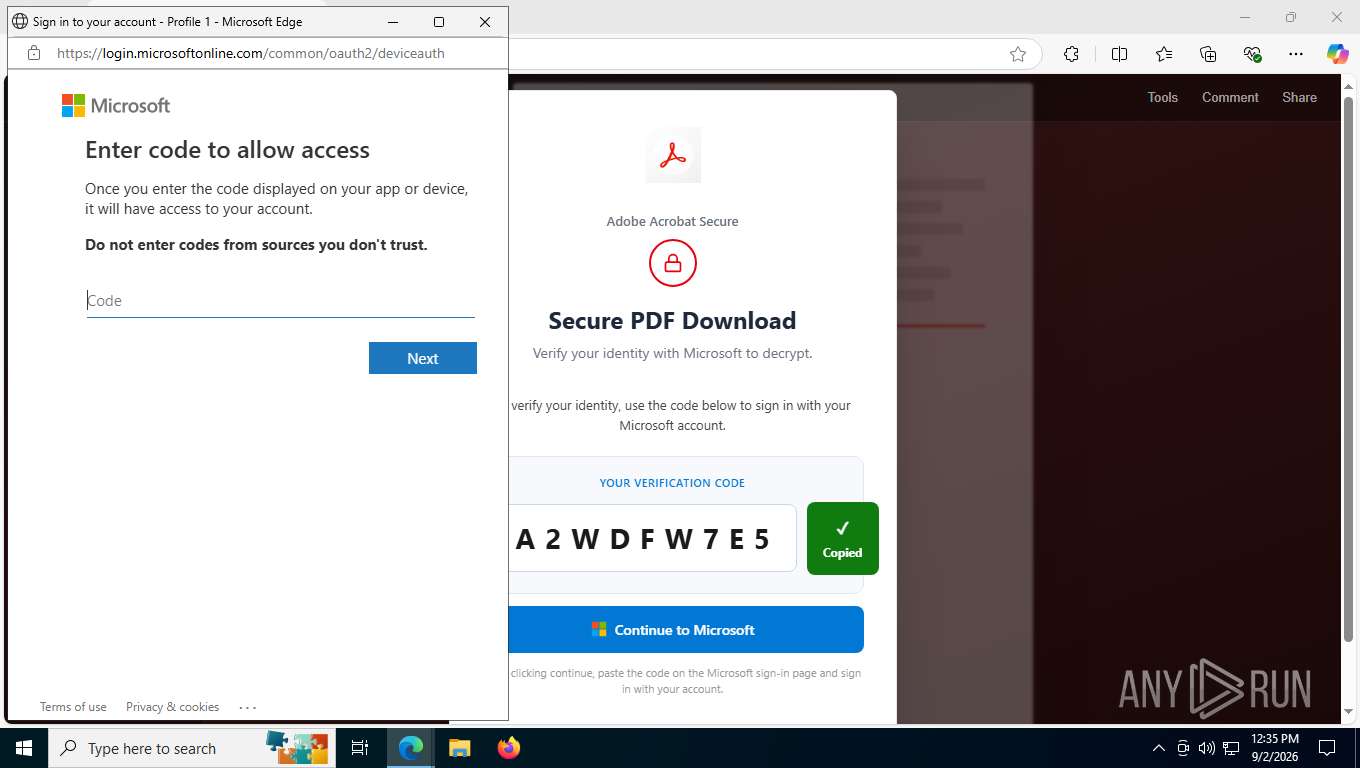 Device Code phishing through a fake PDF Viewer page