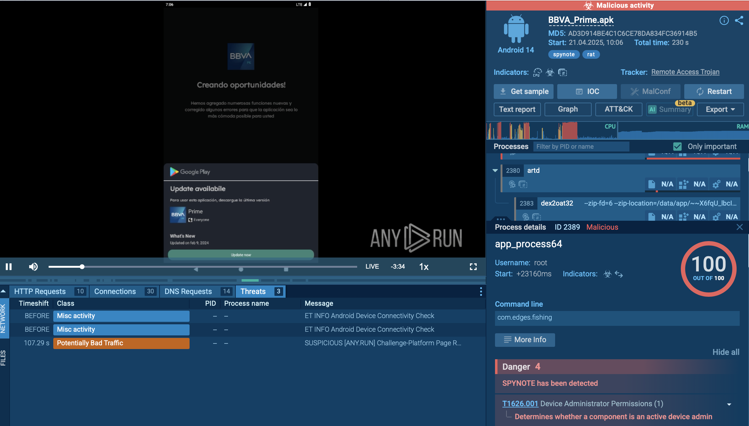 Spynote analysis in ANY.RUN